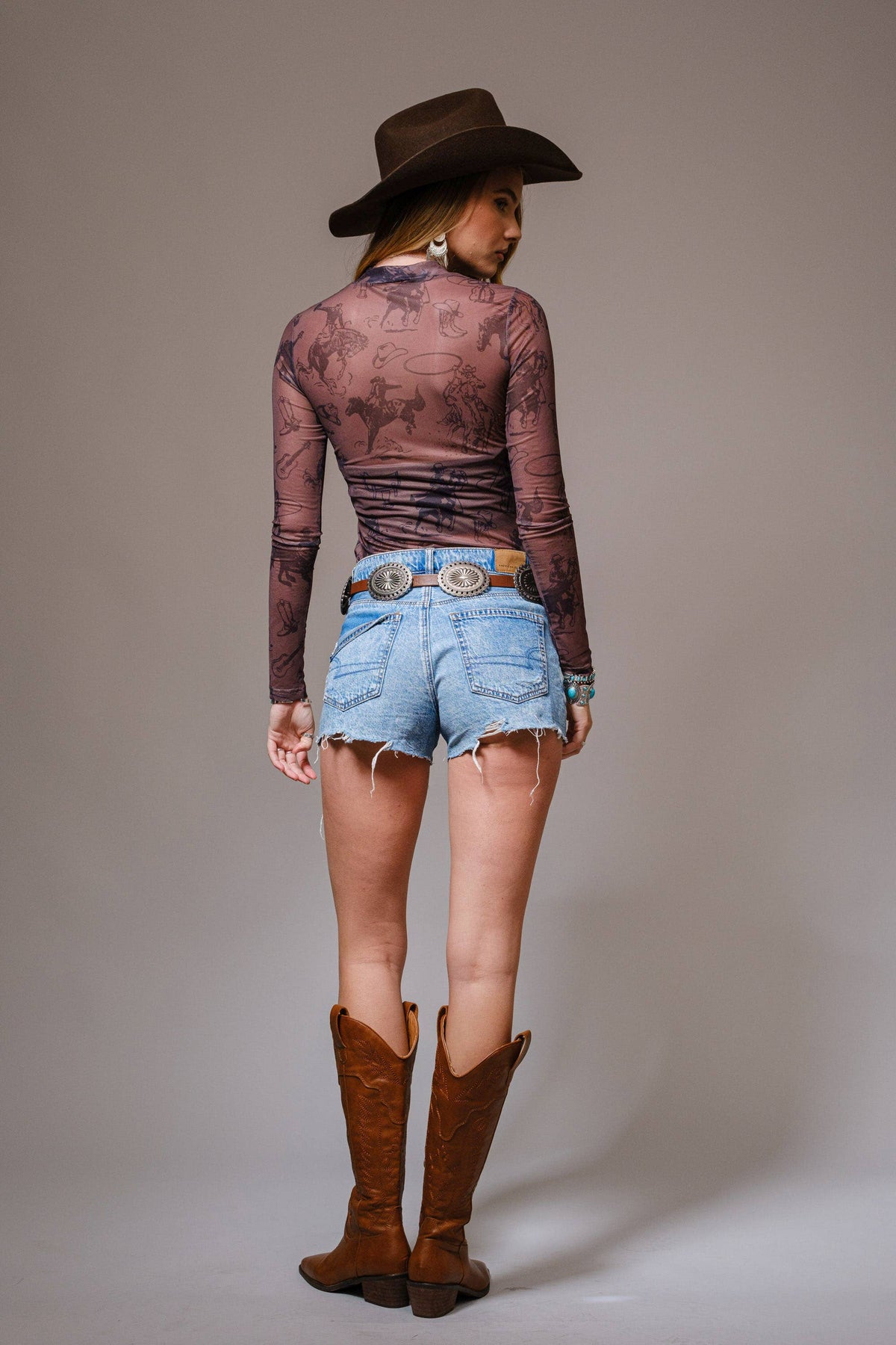 Cowgirl Print Mesh Mock Neck Top