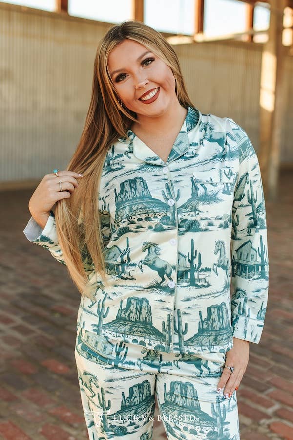 Cream Jade Western Printed Button Down Pants Set