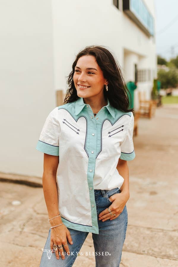 White W Blue design Cowgirl Pearl Snap Button Up Shirt