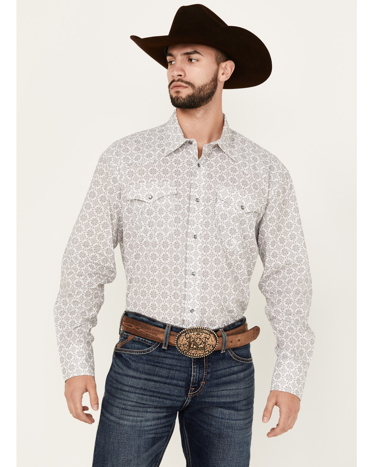 Mens Amarillo Snap Allover Print Silver Medallion