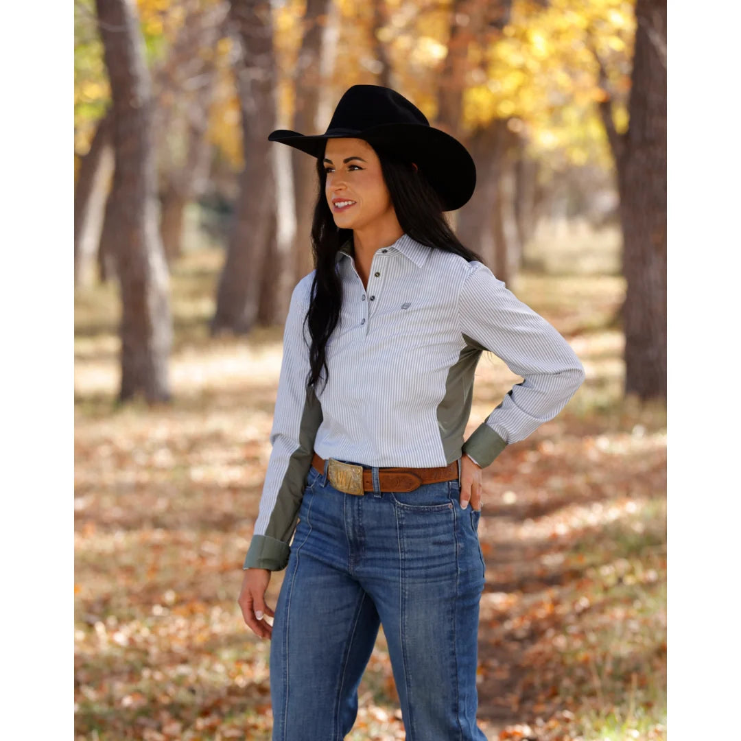 Cinch Ladies Green Striped Hybrid 1/4 Button Down Shirt